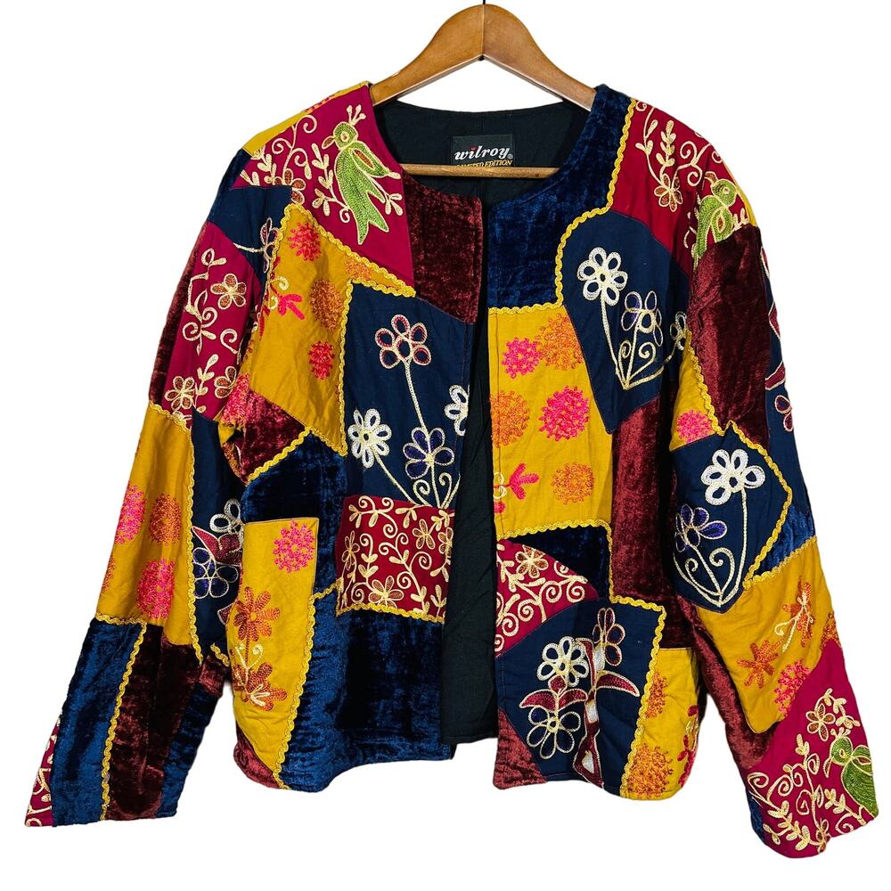 Multicolor Patchwork Velvet Jacket - Navy, Yellow & Burgundy
